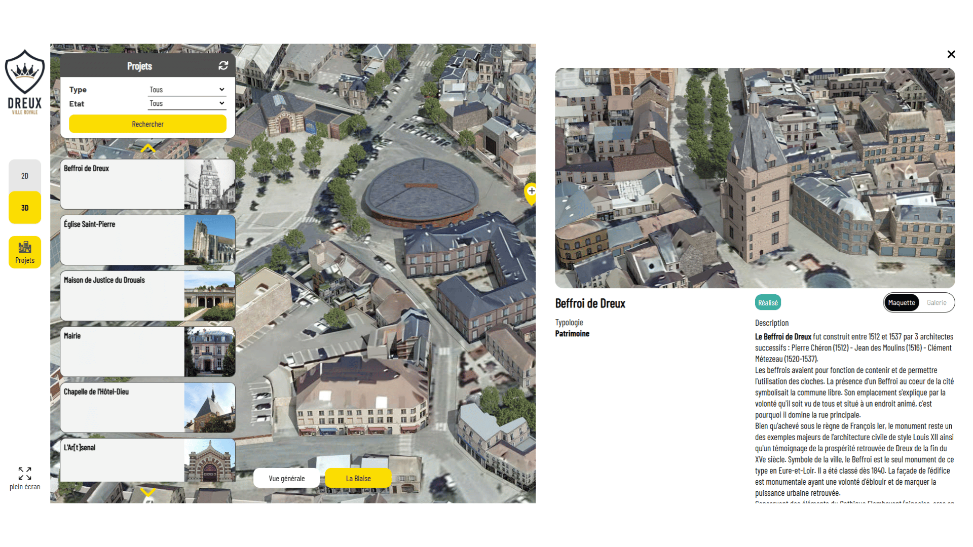 Carte interactive en 3D du district de Dreux, affichée sur un écran numérique, représentant l’aménagement urbain, les espaces verts et les infrastructures stratégiques de la ville.